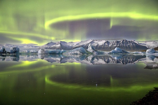 Aurora over a glacier lagoon